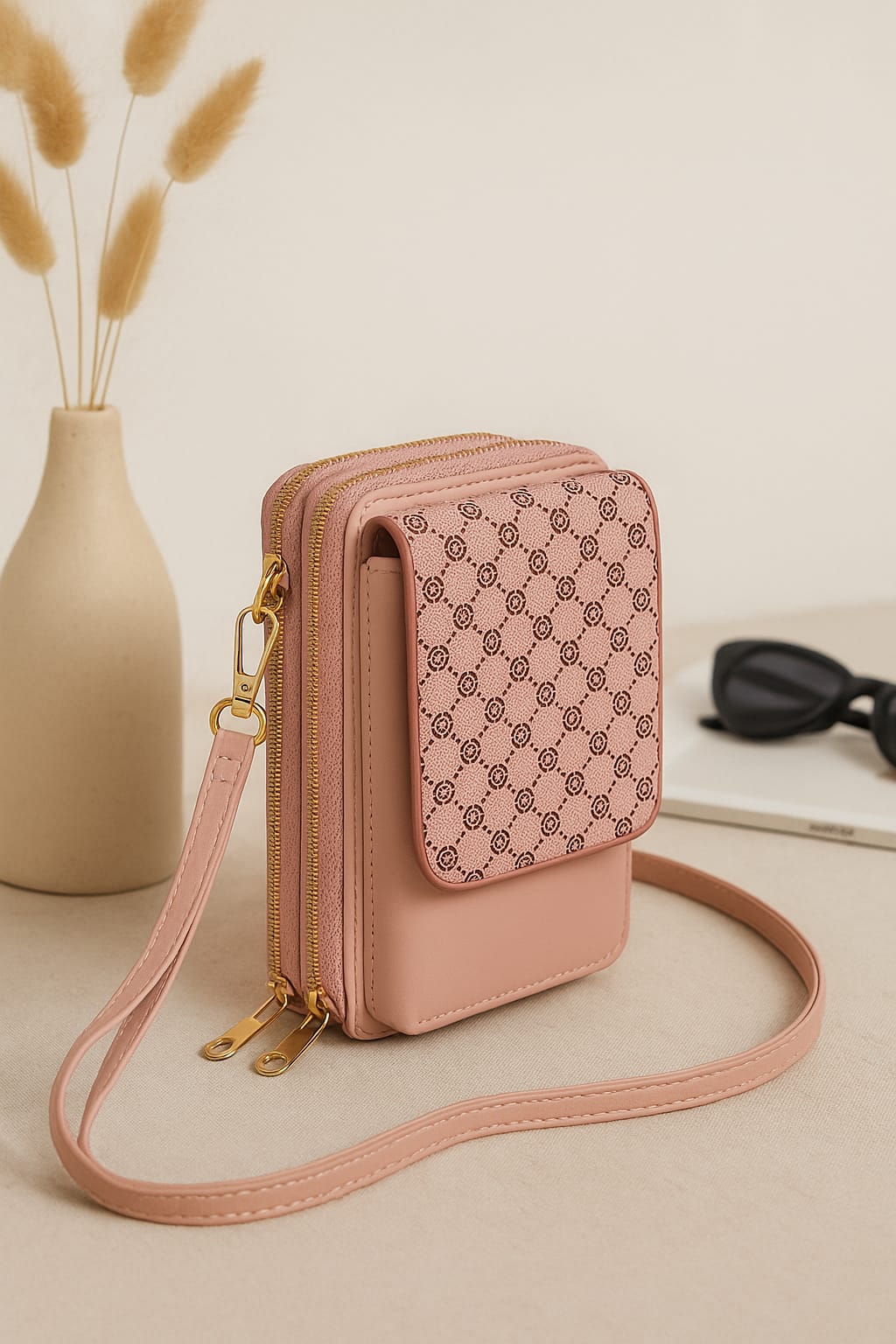Elegant Triple-Zip Pink Sling Wallet | PS0005