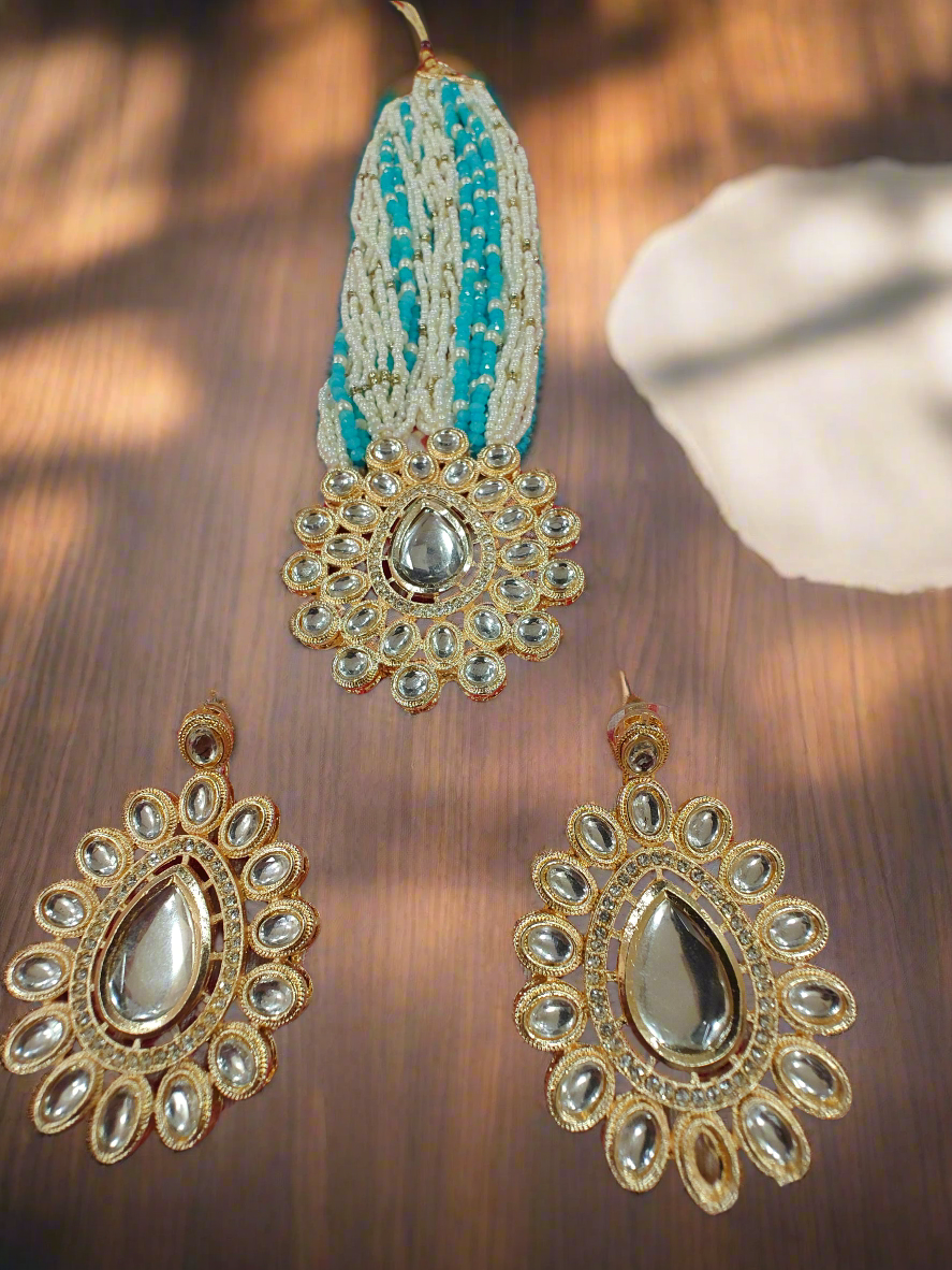 Royal Mirror Polki Necklace Set – Turquoise Pearl Edition