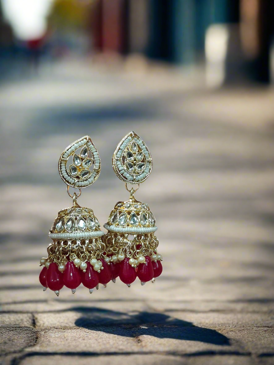 🥀 Royal Kundan Jhumkis (Red Drop Edition) | PS0013